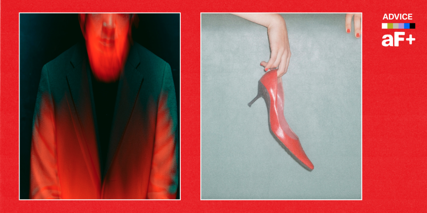 One image shows a person in a suite, the other shows a hand with painted nails holding a red stiletto.